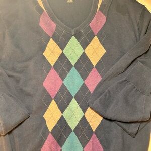 XLg Jos. A. Bank V-neck argyle sweater dark navy blue with pastel diamonds.
